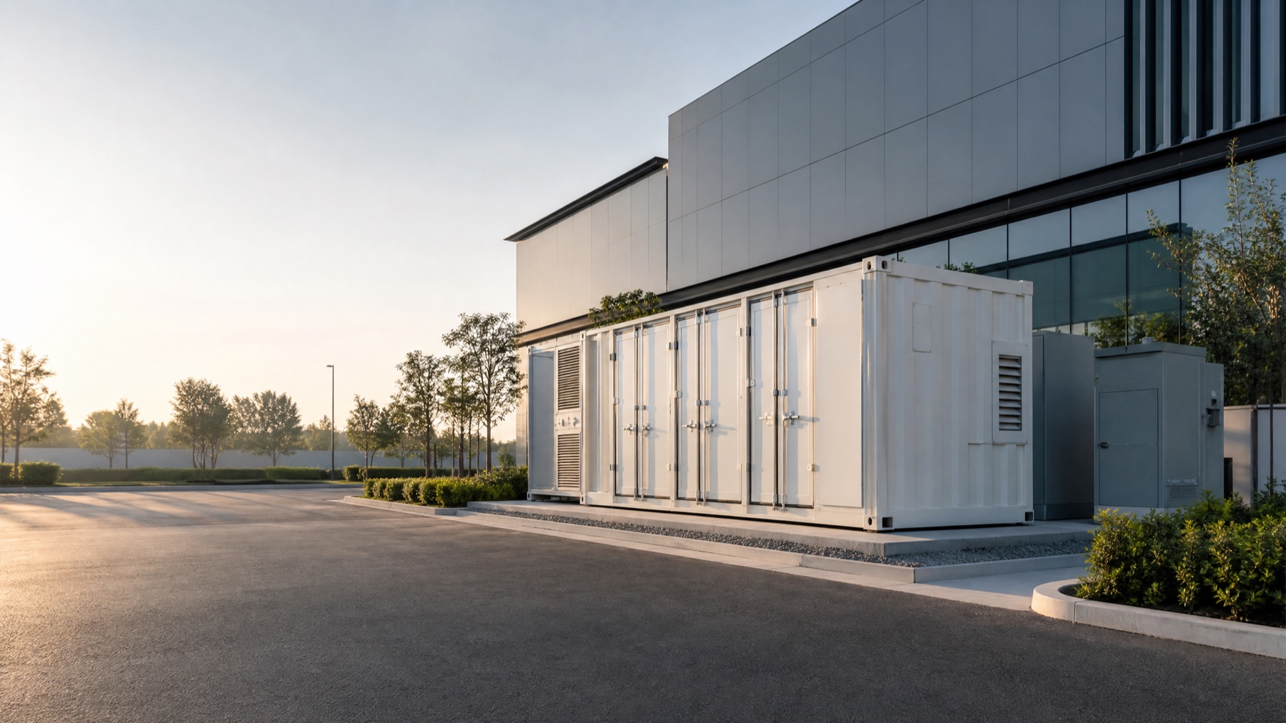 Containerized energy storage beside a commercial facility