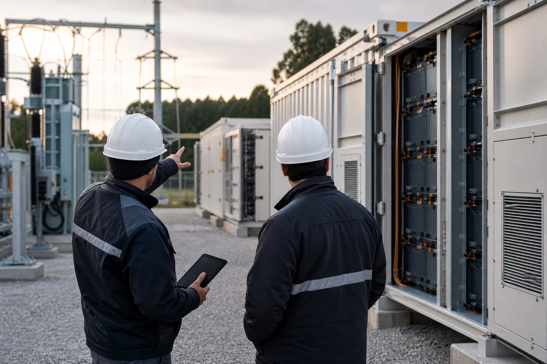 Engineers assessing a containerized energy storage project site
