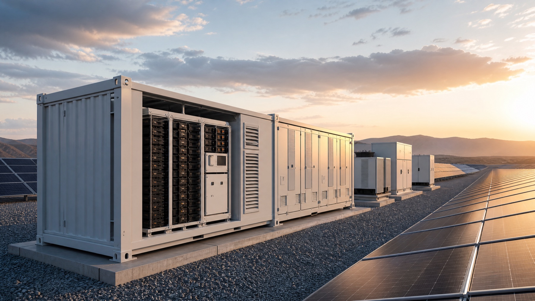 Containerized energy storage beside a utility-scale solar field